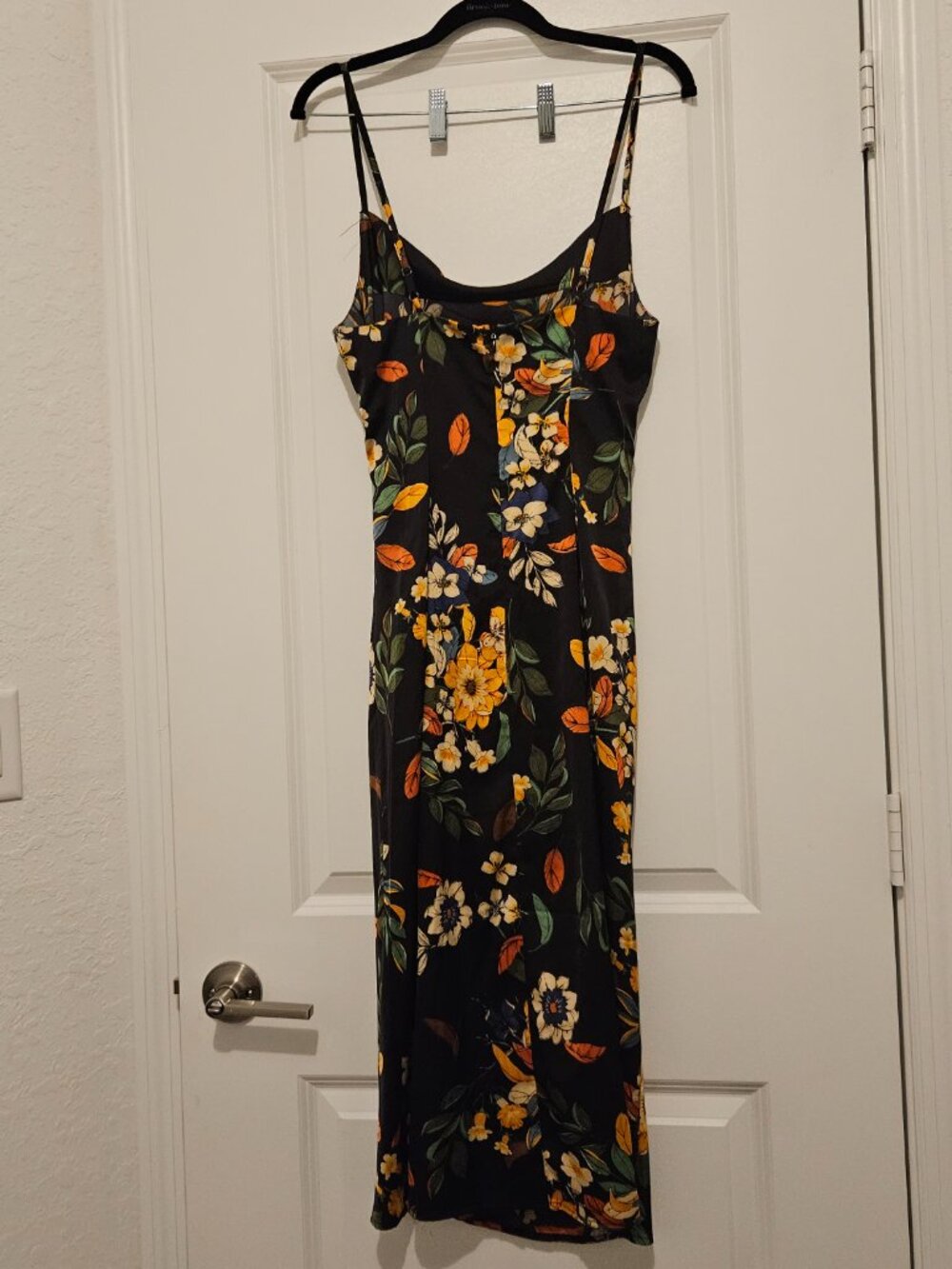 Garota Black Floral Satin Midi Dress Size XS — Cowl Neck / Side Ruche - Picture 5 of 10